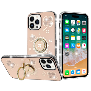 For iPhone 14 6.1" Splendid Glitter with Diamonds All Around Edges Ring Stand Case Cover - Gold