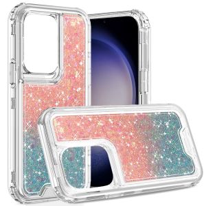 For Samsung Galaxy s24 Plus Epoxy Sticker Glitter 3in1 Shockproof Transparent Hybrid Case - Pink + Light Blue