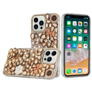 For iP15 Pro Max Full Diamond with Ornaments Case Cover - Gold Five Ornament Floral