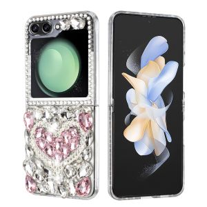 For Samsung Galaxy Z Flip 5 Full Diamond with Ornaments Hard TPU Case Cover - Hearty Pink Pearl Heart