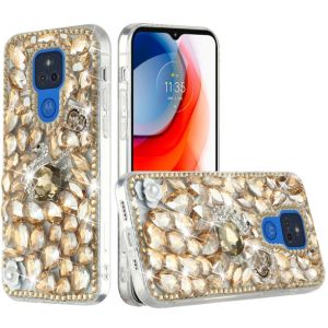 Motorola Moto G Play 2021 Full Diamond with Ornaments Hard TPU Case Cover - Gold Swan Crown Pearl