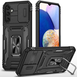 For Samsung A14 5G Utter Tough Metal Ring Movable Camera Window Hybrid Case Cover - Black
