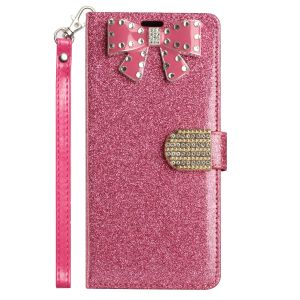 For Motorola Edge Plus 2022 Bow Glitter Ornament Shimmer Wallet Case with Lanyard - Hot Pink