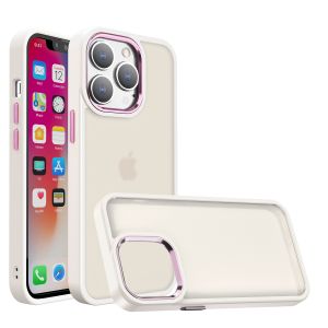 For iPhone 15 Pro Polished Oil Thick Acrylic Metal Button Hybrid Case Cover - Beige