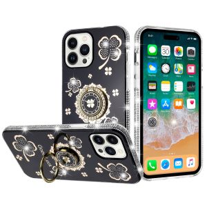 For iPhone 14 6.1" Splendid Glitter with Diamonds All Around Edges Ring Stand Case Cover - Black