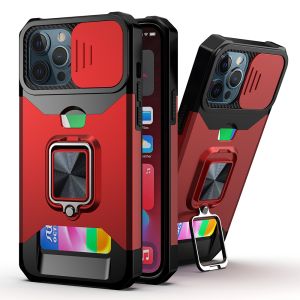 For iPhone 15 Pro Multi-Functional Card Magnetic Ring Stand Hybrid Camera Case Cover - Red