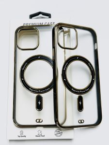 FOR APPLE IPHONE 14 PRO MAGSAFE COMPATIBLE SMOKE TRANSPARENT CIRCLE DESIGN GOLD ACCENT PREMIUM CASE COVER - BLACK