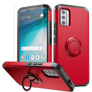 For Nokia C210 Tough Hybrid With Ring Stand + Tempered Glass - Red