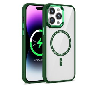 For iPhone 14 Pro Max Magnetic Circle Ring Transparent Premium Acrylic Case Cover with Metal Buttons & Camera Raised Lip - Forest Green