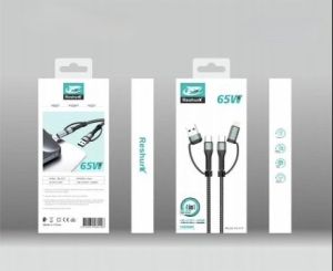 65W 4-in-1 USB C Fast Charging Cable Flat Braided USB C Cable Combo Lightning/Type C/USB A Ports