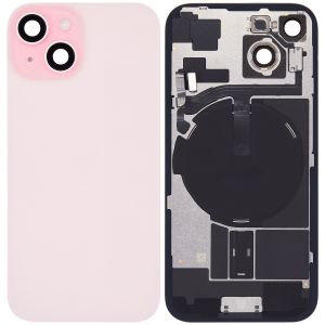 Back Glass With Steel Plate With Wireless NFC Charging MagSafe Magnet & Flashlight Flex Compatible For IPhone 15 - Pink