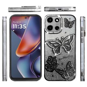 For Motorola 5G 2025 Butterfly Freedom Shimmer Glitter Thick TPU Case Cover - Black