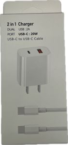 HAC2-5 2 IN 1 CHARGER DUAL USB A ONE USB-C +USB-C TO USB-C CABLE (WHITE)