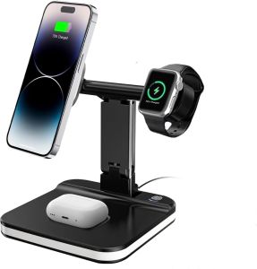 4-in-1 Qi Wireless Charging Station Dock with LED Night Light, Fast Charge for Magsafe, Apple Watch, AirPods, USB-C Cable & USB-C Charger Block - Safe Multi-Device Charging