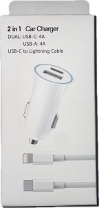 2 IN 1 Car Charger Dual (USB-C) (USB-A) + USB-C TO Lightning Cable (WHITE)