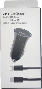 2 IN 1 Car Charger Dual (USB-C) (USB-A) + USB-C TO Lightning Cable (BLACK)