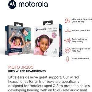 Motorola Moto JR200 Kids Headphones with Microphone - Lightweight Over Ear Wired Foldable Design, Safe Volume Limit 85dB, Audio Splitter for Sharing - Ideal for School, Home, Travel, Gaming - PINK (LANE C6)