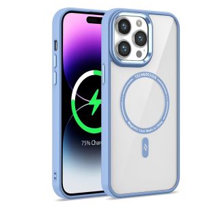 For iPhone 14 Pro Magnetic Circle Ring Transparent Premium Acrylic Case Cover with Metal Buttons & Camera Raised Lip - Light Blue