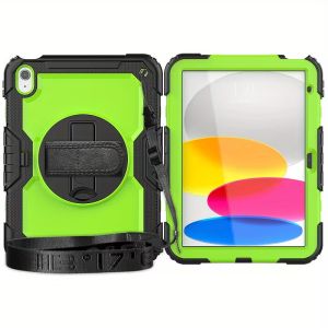 Durable Comfortable Silicon Protective Case with Convenient Shoulder Strap Rugged PC Material Cover for IPad Tablet 10.9 (10/11) - Lime Green PC + Black