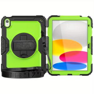 Durable Comfortable Silicon Protective Case with Convenient Shoulder Strap Rugged PC Material Cover for IPad Tablet 10.9 (10/11) - Lime Green PC + Black