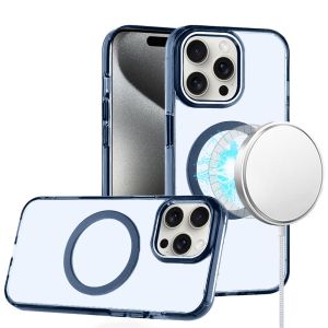 For iP15 Pro Max Magnetic Circle Ring Transparent Premium Acrylic with Metal Buttons & Camera Raised Lip - Blue