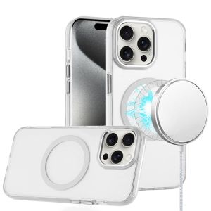For iP15 Pro Max Magnetic Circle Ring Transparent Premium Acrylic with Metal Buttons & Camera Raised Lip - Clear