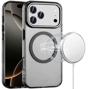 For iPhone 17 Pro Max Magnetic Circle Ring Transparent Premium Acrylic with Metal Buttons & Camera Raised Lip - Black