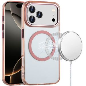 For iPhone 17 Pro Max Magnetic Circle Ring Transparent Premium Acrylic with Metal Buttons & Camera Raised Lip - Rose Gold