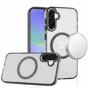 For Samsung Galaxy A37 / A36 Magnetic Circle Ring Transparent Premium Acrylic with Metal Buttons & Camera Raised Lip - Black