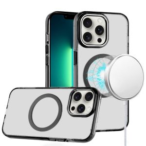 For iPhone 13 Pro Max Magnetic Circle Ring Transparent Premium Acrylic with Metal Buttons & Camera Raised Lip - Black