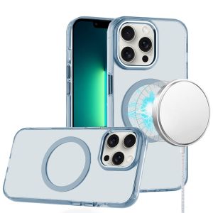 For iPhone 13 Pro Max Magnetic Circle Ring Transparent Premium Acrylic with Metal Buttons & Camera Raised Lip - Light Blue