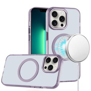 For iPhone 13 Pro Max Magnetic Circle Ring Transparent Premium Acrylic with Metal Buttons & Camera Raised Lip - Light Purple