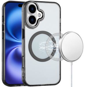 For iPhone 17 Magnetic Circle Ring Transparent Premium Acrylic with Metal Buttons & Camera Raised Lip - Black