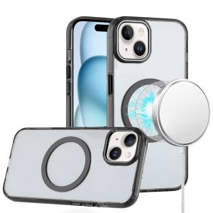 For iPhone 15 Plus Magnetic Circle Ring Transparent Premium Acrylic with Metal Buttons & Camera Raised Lip - Black