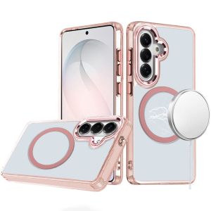 For Samsung s26 Magnetic Circle Ring Transparent Premium Acrylic with Metal Buttons & Camera Raised Lip - Rose Gold