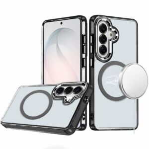 For Samsung Galaxy s26 FE Magnetic Circle Ring Transparent Premium Acrylic with Metal Buttons & Camera Raised Lip - Black
