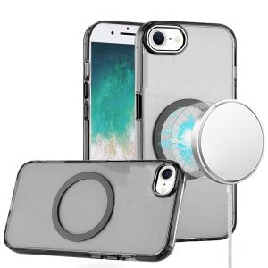 For iPhone 16E / SE4 Magnetic Circle Ring Transparent Premium Acrylic with Metal Buttons & Camera Raised Lip - Black