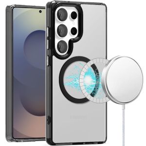 For Samsung s26 Ultra Magnetic Circle Ring Transparent Premium Acrylic with Metal Buttons & Camera Raised Lip - Black