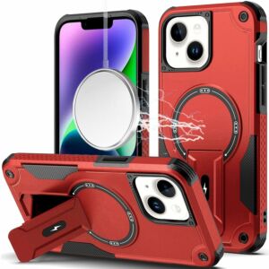 For iPhone 13/14 Multi-Functional Card Magnetic Ring Stand Hybrid Camera Case Cover - Black