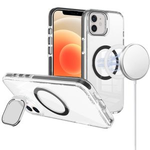 For iPhone 12 & iPhone 12 Pro Camera Metallic Stand [Magnetic Circle] Transparent Colorful Matching Edged Tough Hybrid Case - Black