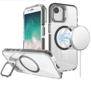 For iPhone 16E / SE4 Camera Metallic Stand [Magnetic Circle] Transparent Colorful Matching Edged Tough Hybrid Case - Black