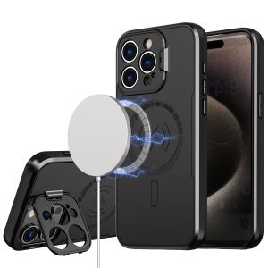 For iPhone 15 Magnetic Ring Circle Camera Cap KickStand Hybrid UV Paint Matte Finish Case - Black