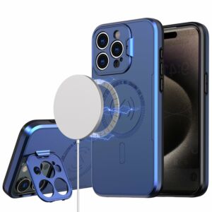 For iPhone 13/14 Magnetic Ring Circle Camera Cap KickStand Hybrid UV Paint Matte Finish Case - Blue