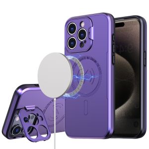 For iPhone 15 Magnetic Ring Circle Camera Cap KickStand Hybrid UV Paint Matte Finish Case - Purple