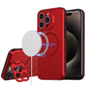 For iPhone 13/14 Magnetic Ring Circle Camera Cap KickStand Hybrid UV Paint Matte Finish Case - Red