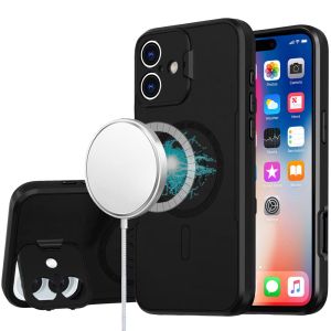 For iPhone 16 6.1 inch Magnetic Ring Circle Camera Cap KickStand Hybrid UV Paint Matte Finish Case - Black