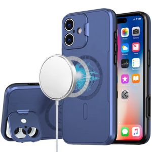 For iPhone 16 6.1 inch Magnetic Ring Circle Camera Cap KickStand Hybrid UV Paint Matte Finish Case - Blue