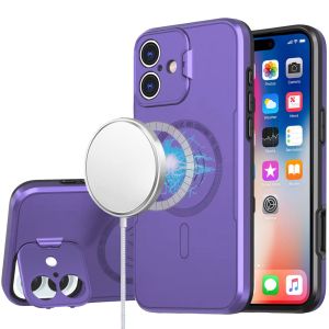 For iPhone 16 6.1 inch Magnetic Ring Circle Camera Cap KickStand Hybrid UV Paint Matte Finish Case - Purple