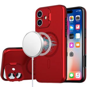 For iPhone 16 6.1 inch Magnetic Ring Circle Camera Cap KickStand Hybrid UV Paint Matte Finish Case - Red