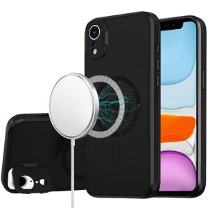 For iPhone XR Magnetic Ring Circle Camera Cap KickStand Hybrid UV Paint Matte Finish Case - Black
